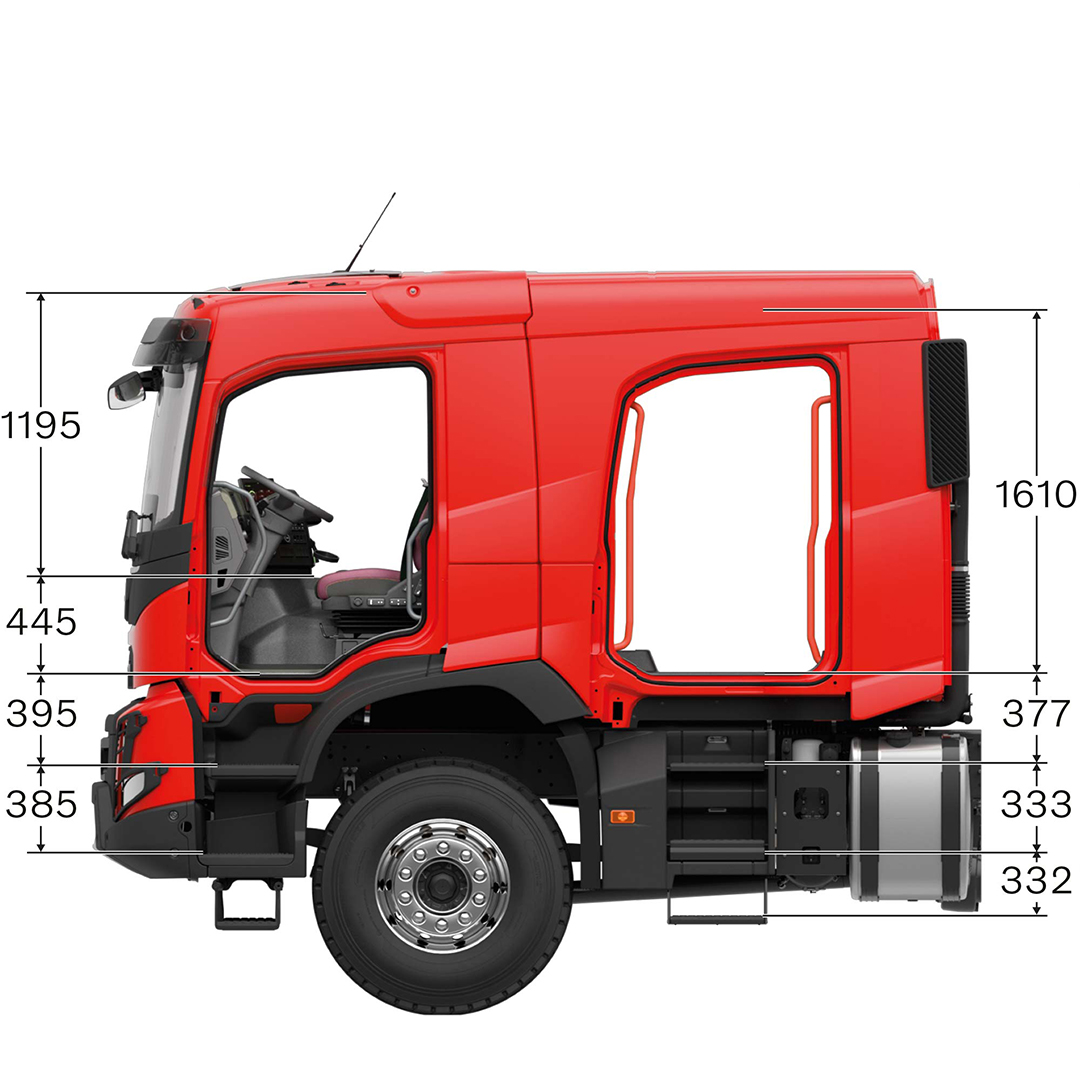 FMX crew cab with measurements, viewed from the side